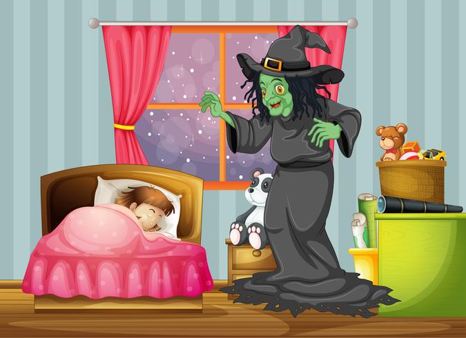 A witch looking at the girl sleeping inside the room vector