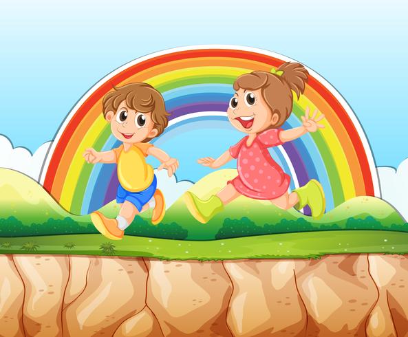 Boy and girl running on the cliff vector