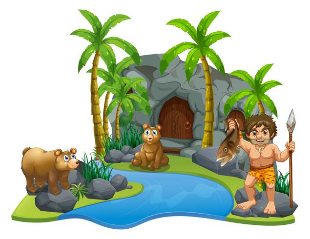 Caveman and two bears by the river vector