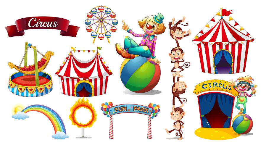 Circo ambientado con juegos y personajes. vector