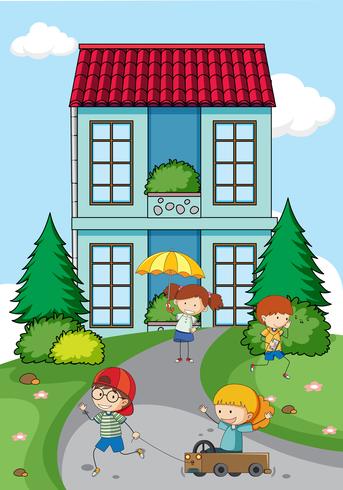 Children playing in front of house vector