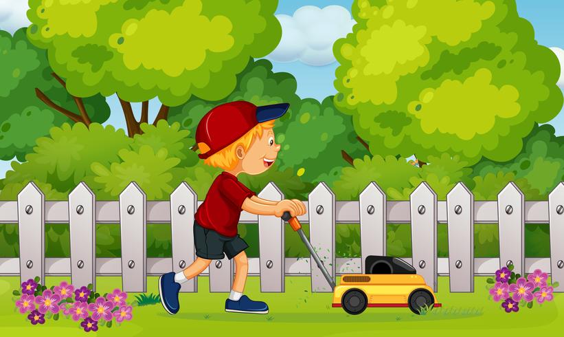 A Boy Cutting Grass with Lawn Mower vector