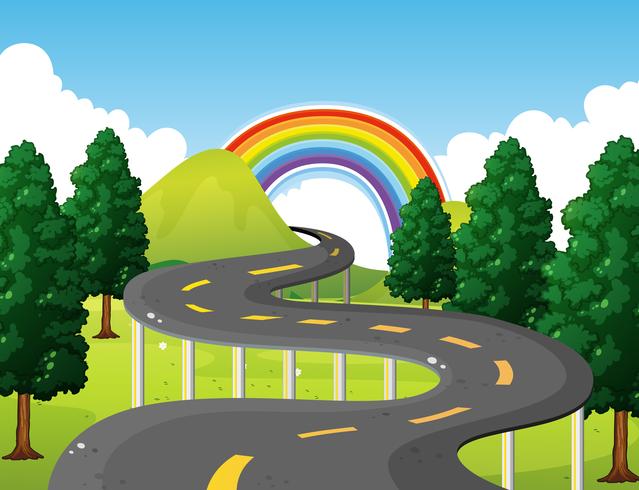 Escena del parque con la carretera y el arco iris en el fondo vector