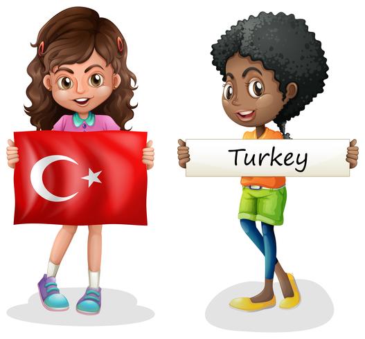 Two girls and flag of Turkey vector