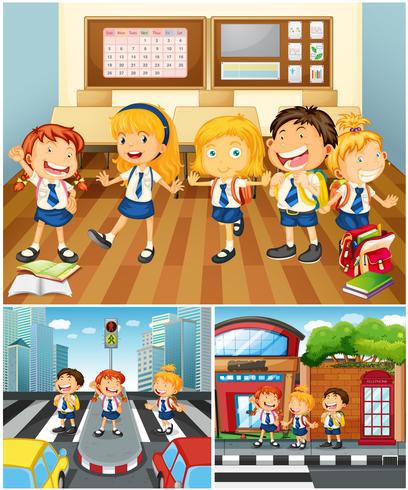 Three scenes with lots of students vector