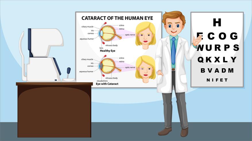 Oculista de pie en la clínica vector