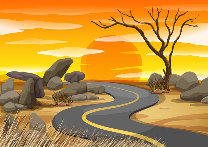 Escena con carretera al atardecer vector