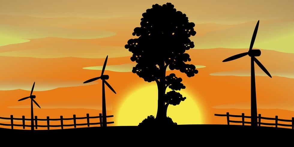 Silhouette scene with wind turbines in the field vector