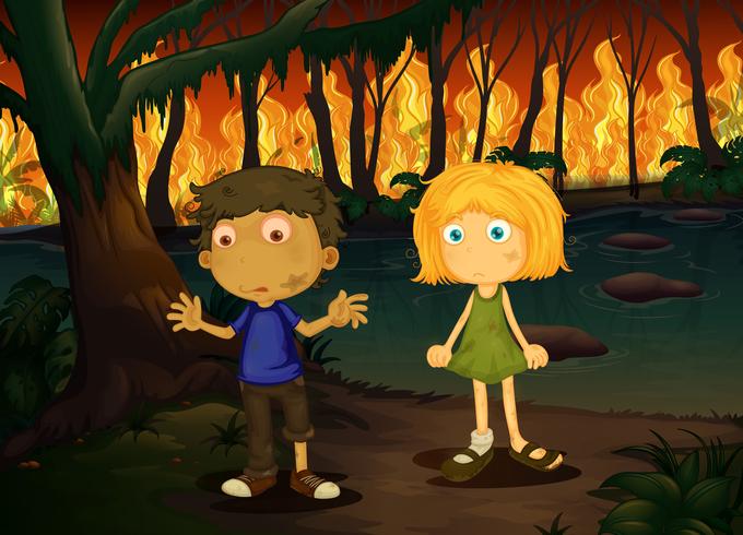 Niño y niña en el bosque de incendios forestales vector