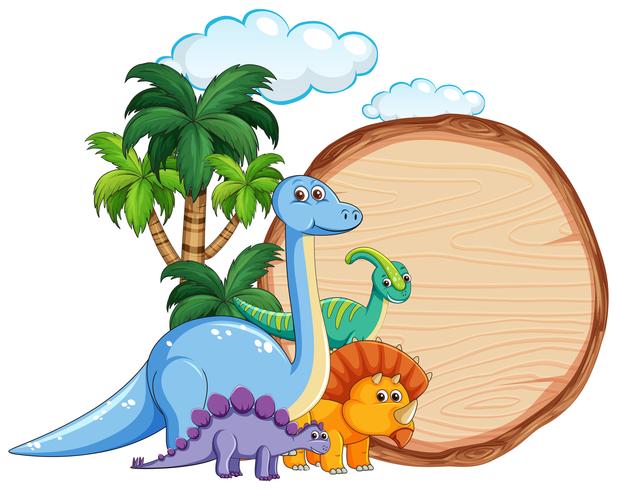 Muchos dinosaurios en banner de madera vector