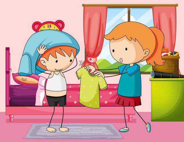 Boy getting dress in bedroom vector