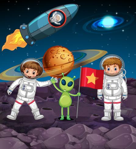 Space theme with two astronauts and alien with flag vector