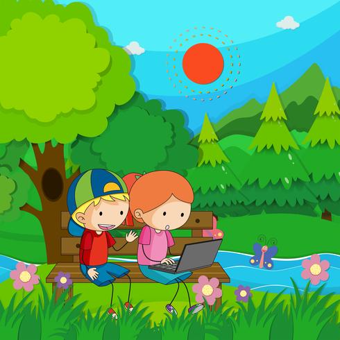 Two kids working on computer in the park vector