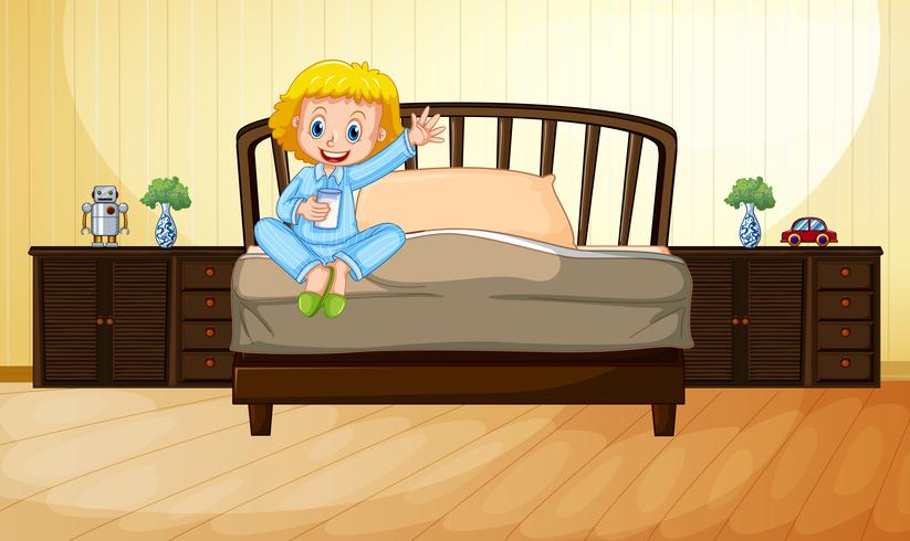 Little girl drinking milk in bedroom vector