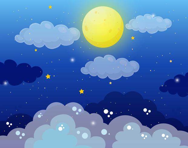 Fondo de cielo con luna llena y estrellas. vector