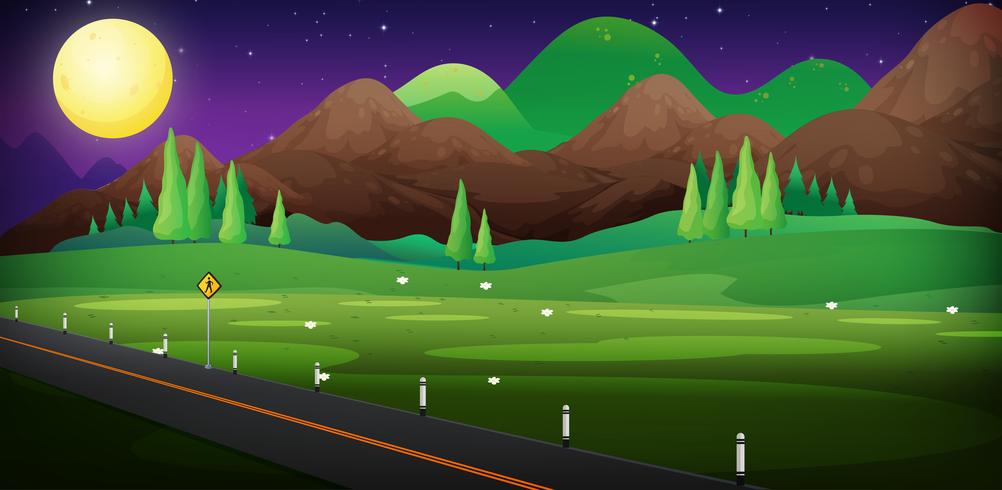 Escena de fondo con carretera y campo en la noche vector