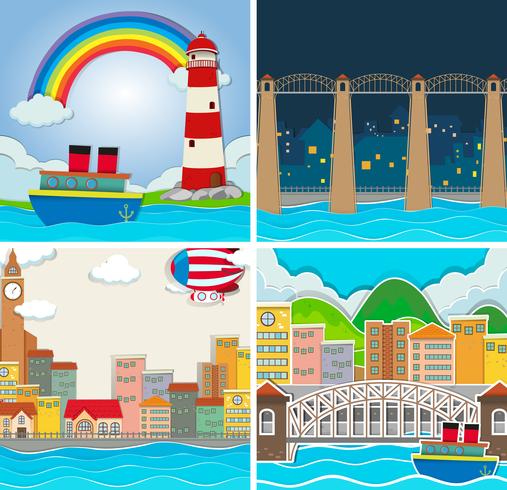 Four scene of city and countryside vector