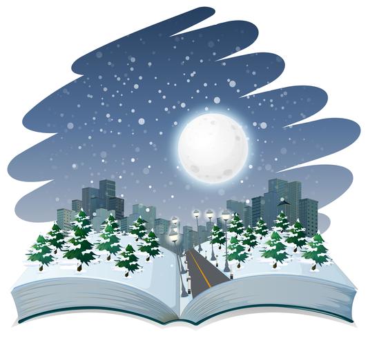 Open book winter night theme vector