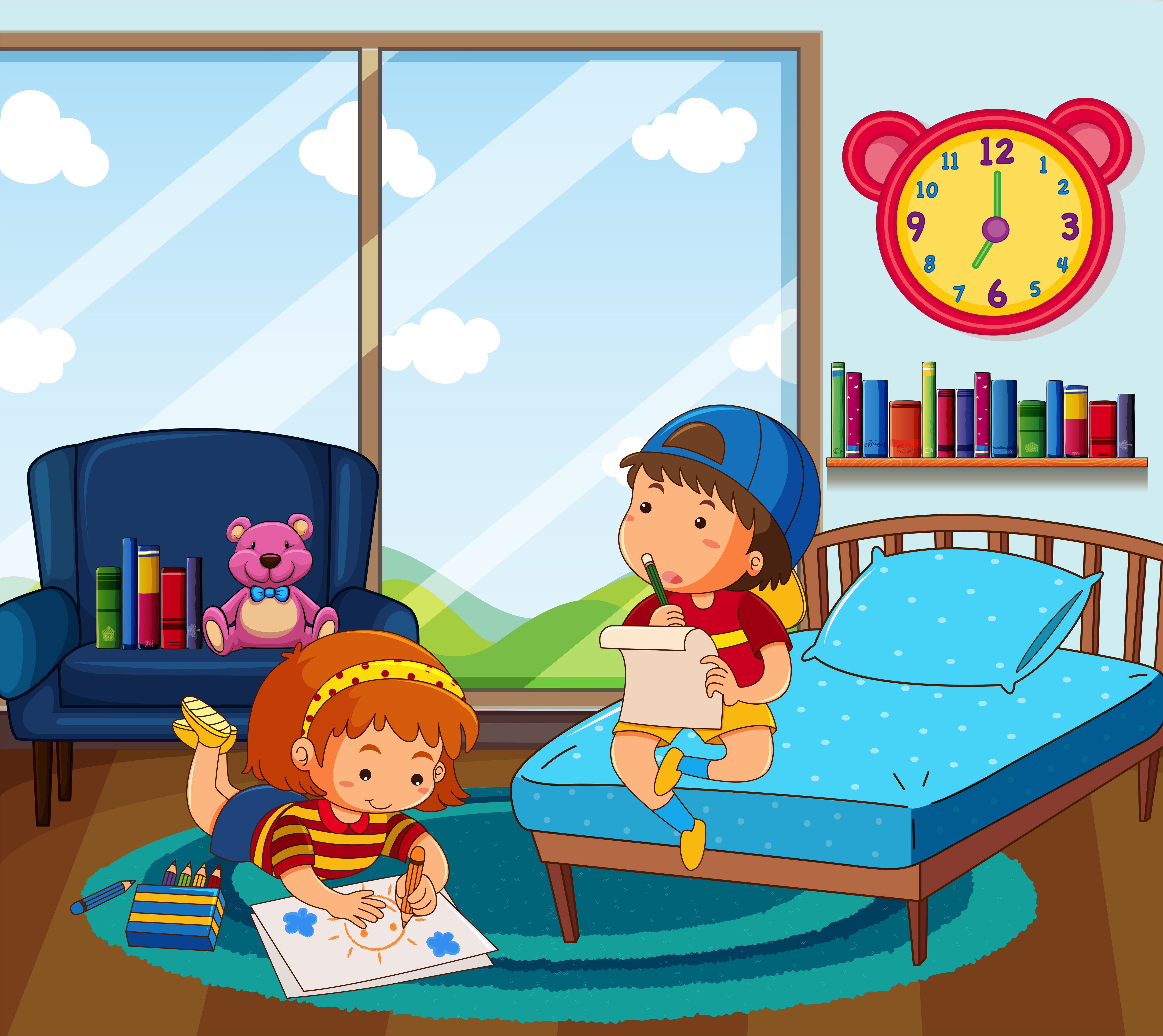 Boy and girl drawing picture in bedroom 432331 Vector Art at Vecteezy