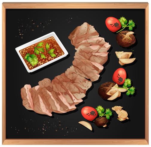 Steak and Spicy Sauce on Blackboard vector