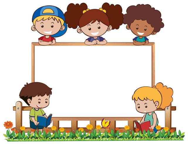 Plantilla de tablero con cinco niños en jardín vector