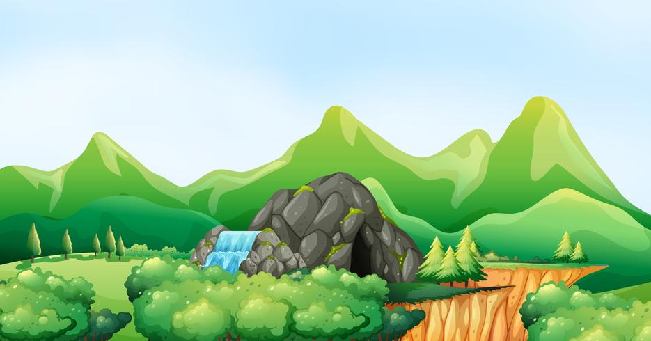 Escena de la naturaleza con cascada y cueva. vector