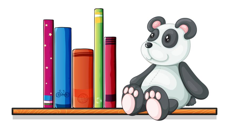 Un estante con libros y un panda de juguete. vector