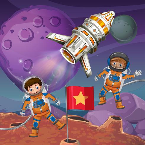 Two astronauts flying around planet surface vector
