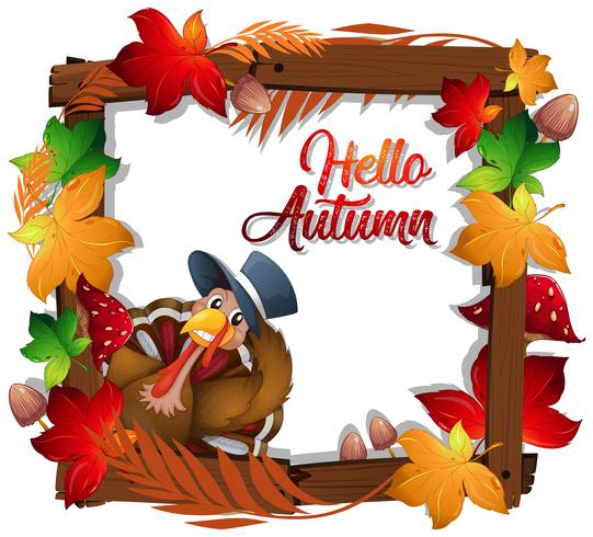 Happy autumn turkey wooden frame vector