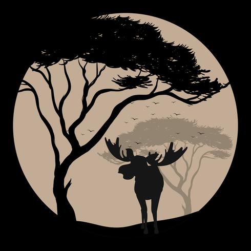 Silhouette scene with moose at fullmoon night vector