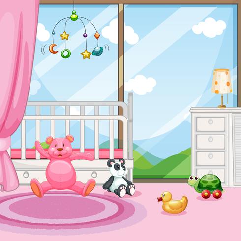 Escena dormitorio con cuna y muñecas. vector