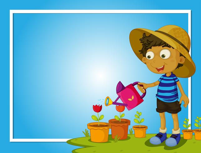 Plantilla de borde con niño regando flores vector