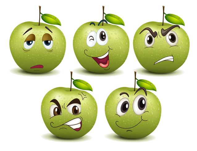 Manzanas verdes con diferentes emociones. vector