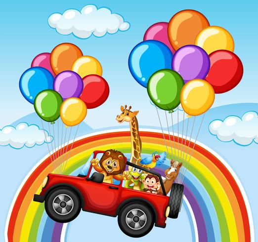 Wild animals in jeep over the rainbow vector