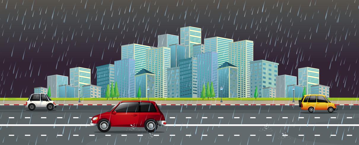 City scene in the rain at night vector