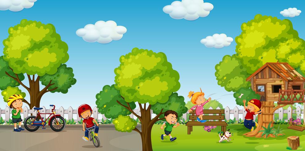 Children riding bike and playing in park vector