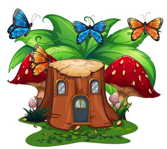 Butterflies flying around log home vector