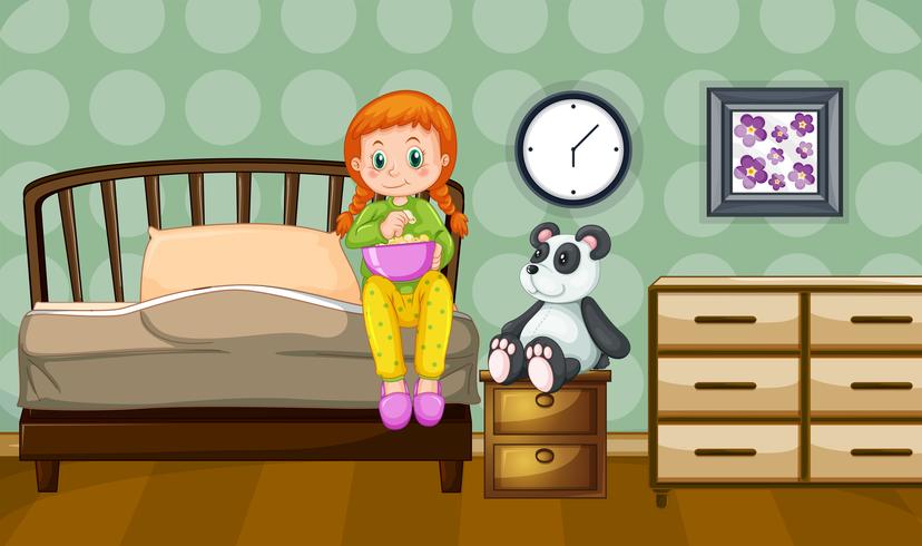 Niña y muñeca panda en dormitorio vector