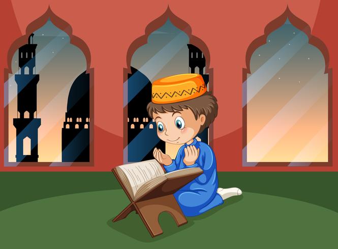 Un niño musulmán estudia en la mezquita. vector