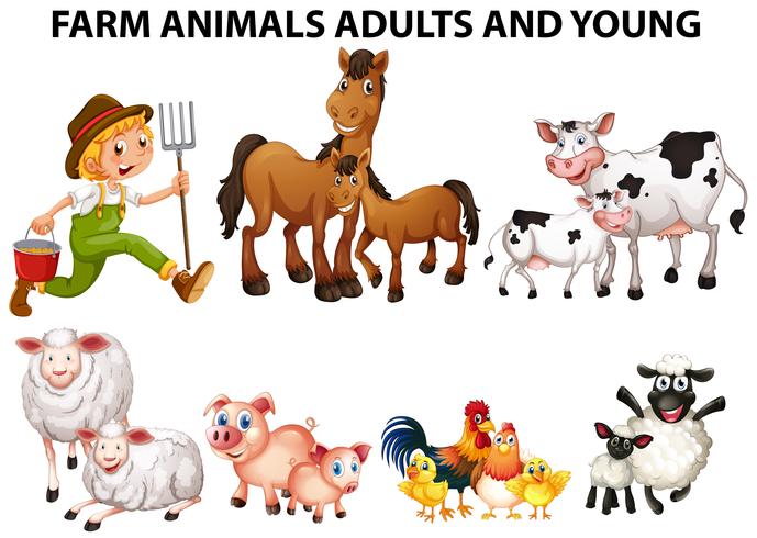 Diferentes tipos de animales de granja con adultos y jóvenes. vector