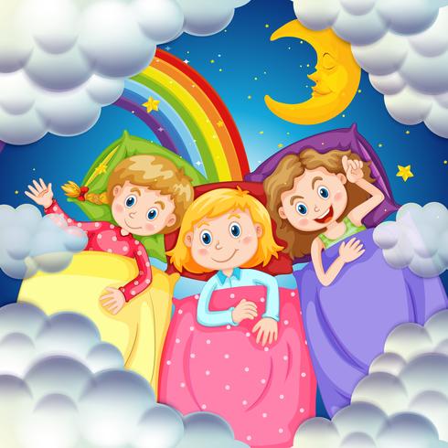 Three girls in bed at night vector