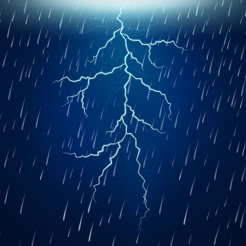 Fuerte lluvia y tormenta eléctrica en la noche. vector