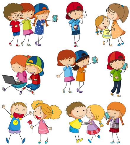 Many kids using computer and cellphone vector