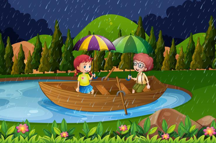 Rainy day with two kids in rowboat vector