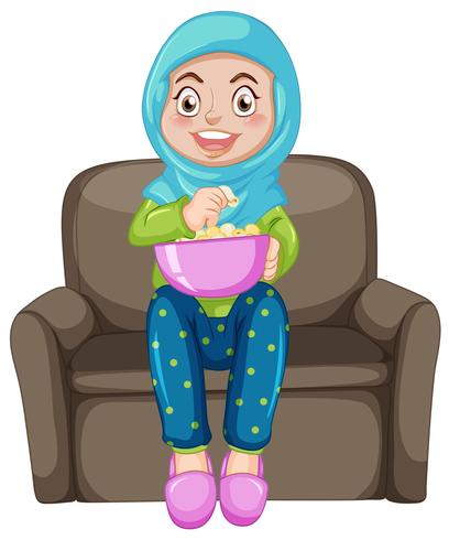 A muslim girl eating popcorn vector