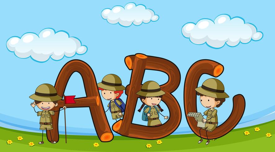 Font ABC with kids in boyscout uniform vector