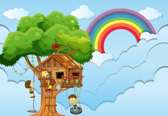 Children playing on treehouse  vector