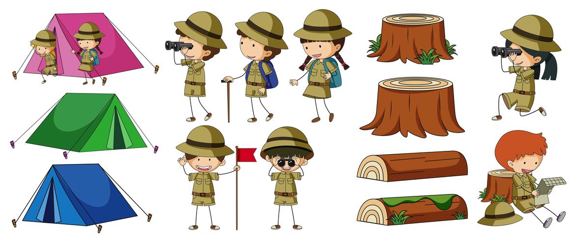 Boyscouts y elementos de camping. vector