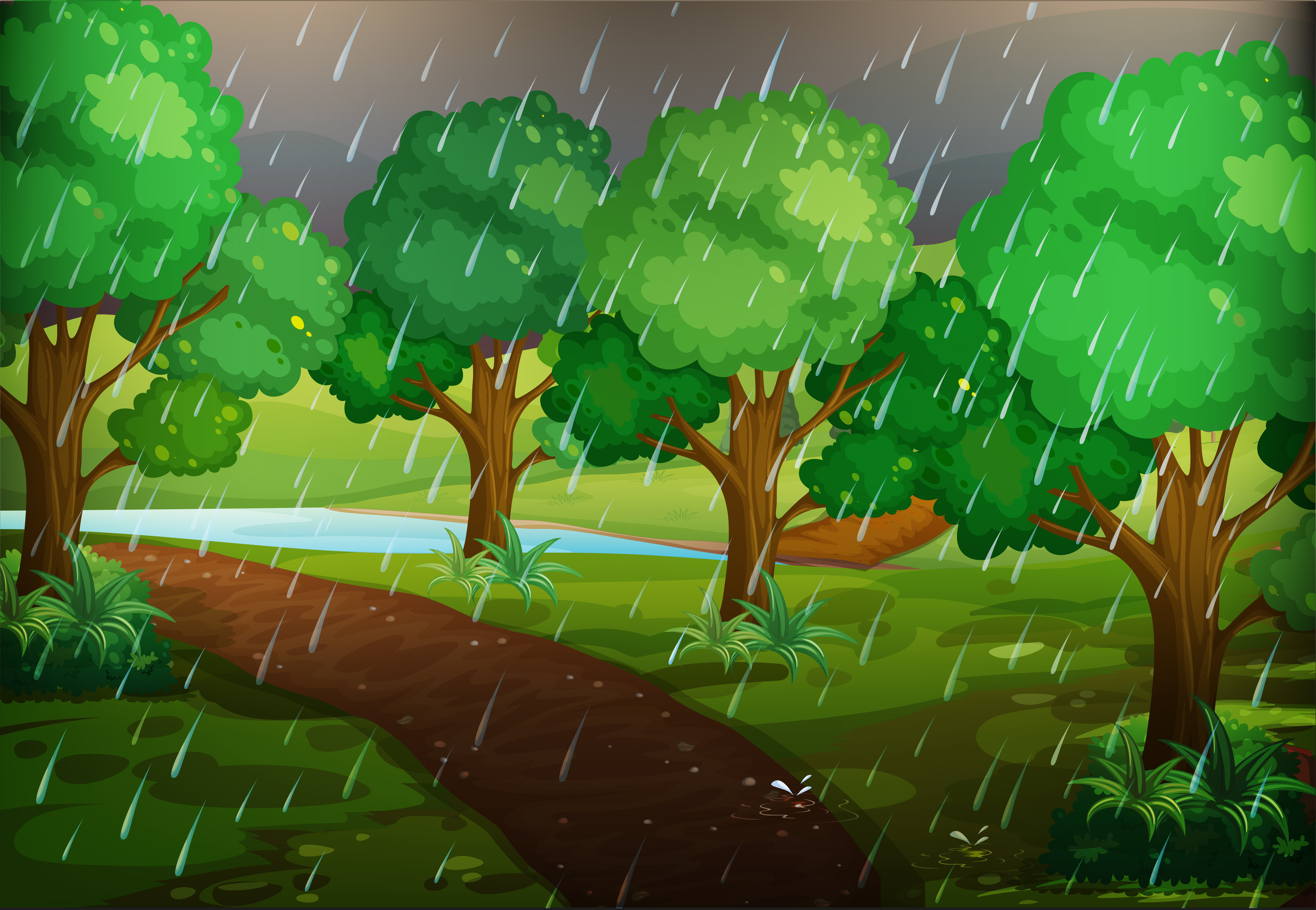 Forest scene on rainy day 432761 Vector Art at Vecteezy