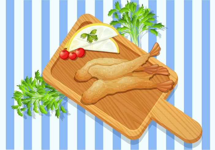 Crispy Shrimp Tempura on Chopping Board vector